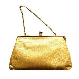 Vintage Mid Century Metallic Gold Clutch Evening Purse with Kiss Clasp